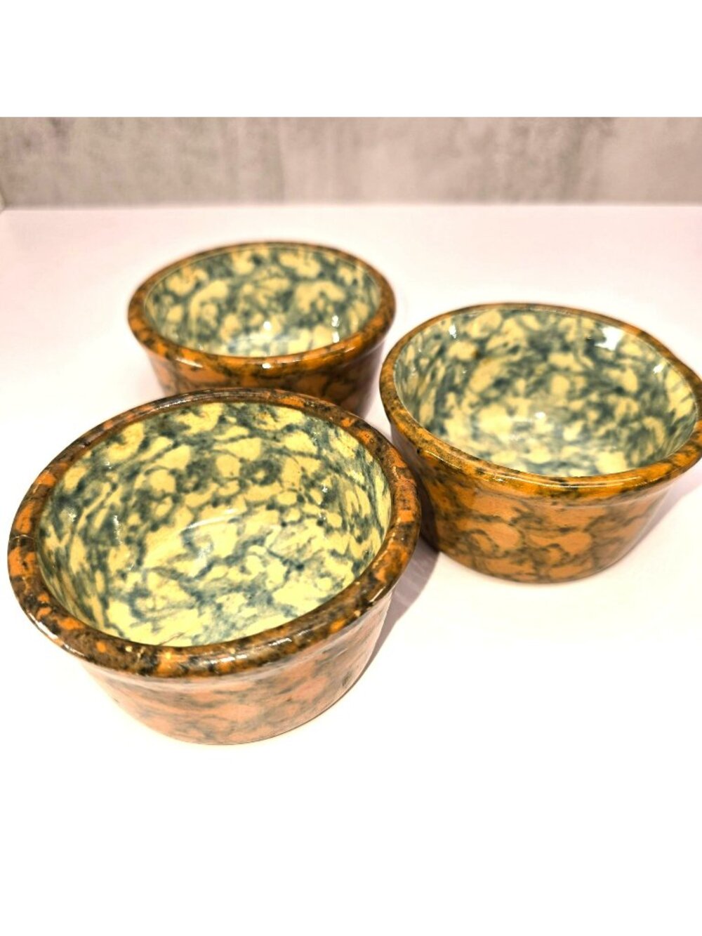 Vintage Robinson Ramsbottom Spongeware Ceramic Bowls Ramekins Blue Brown CM2353i